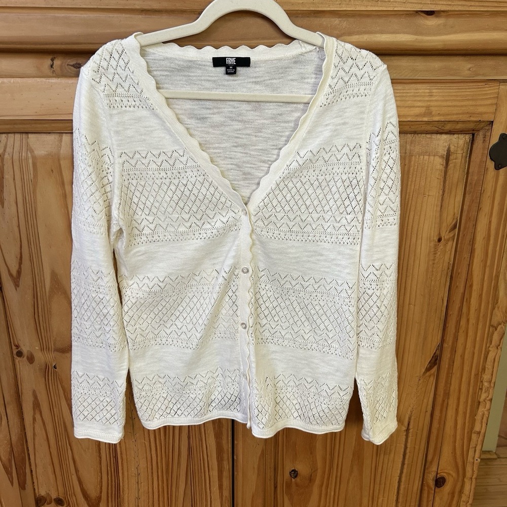 Frye Pointelle Cardigan Sweater Ivory Long Sleeve Button Up Women's Size Medium